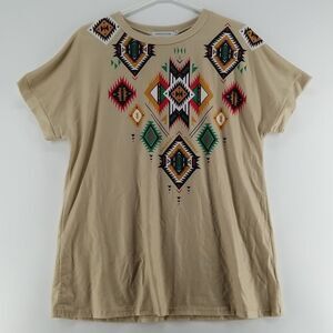 Misslook Tee Shirt Women's Medium Short Sleeve Olive Green Beige Medallion Print